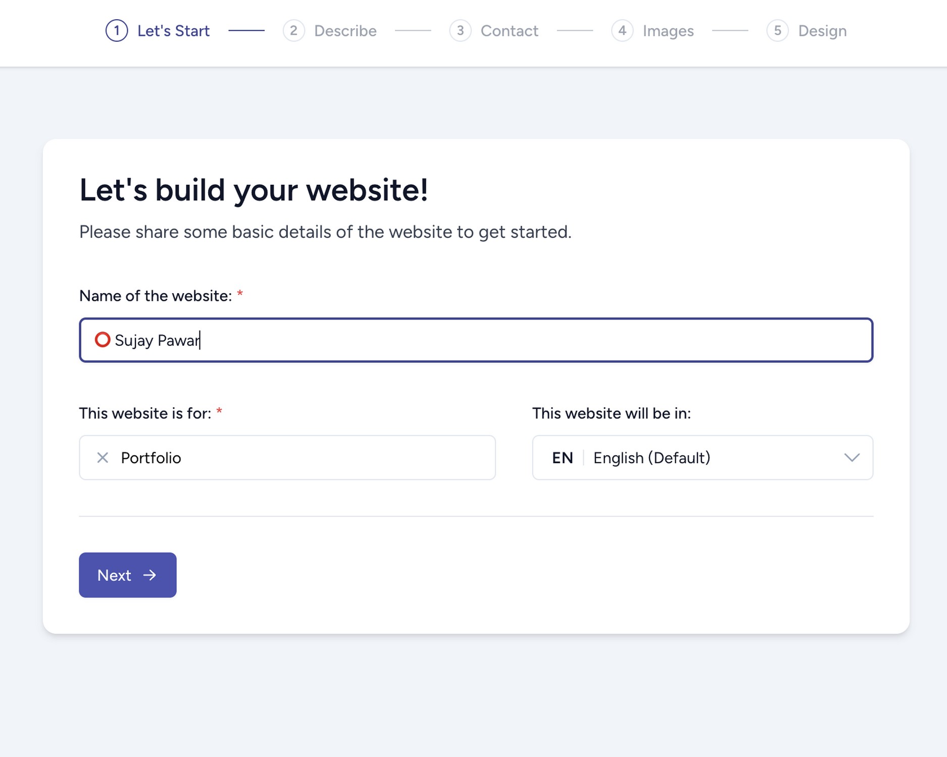 Enter the basic details like the name of your website, the website type and the language.